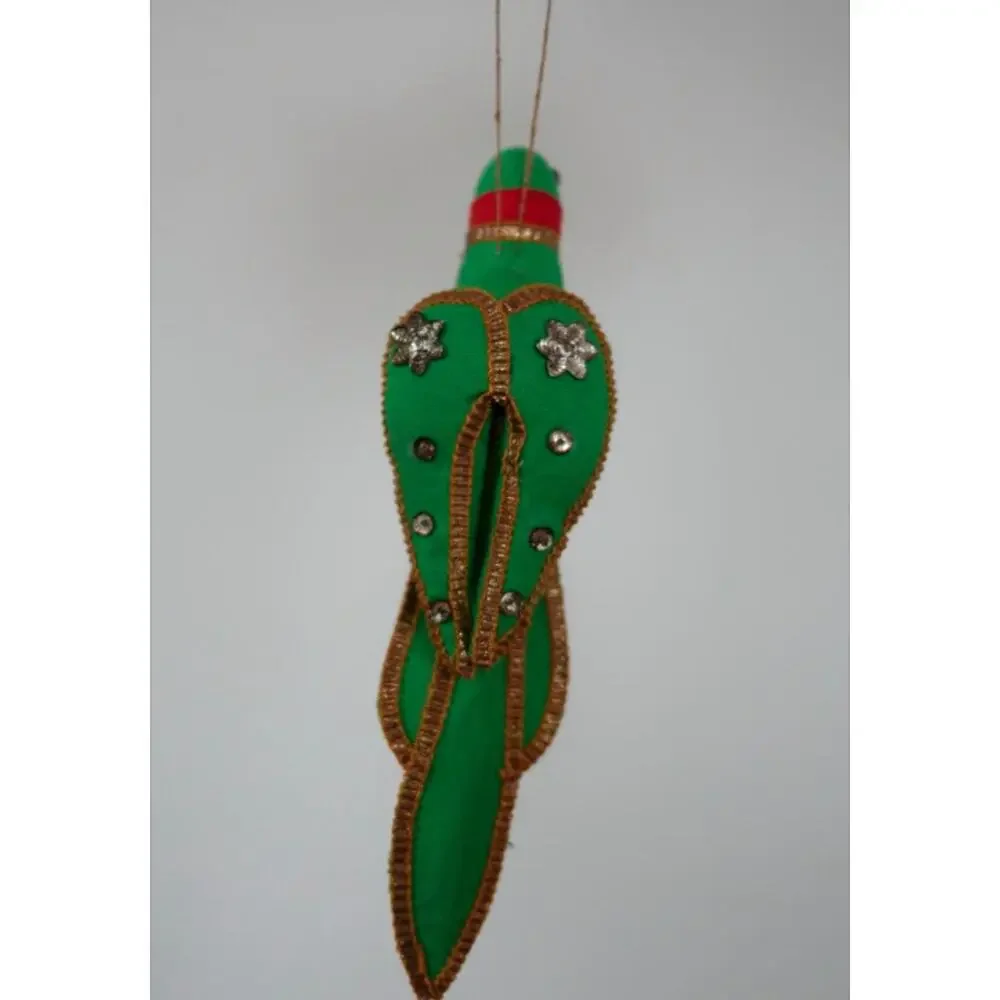 Vintage Handmade India Green Cotton Metal Sparkles Christmas Parrot Ornament